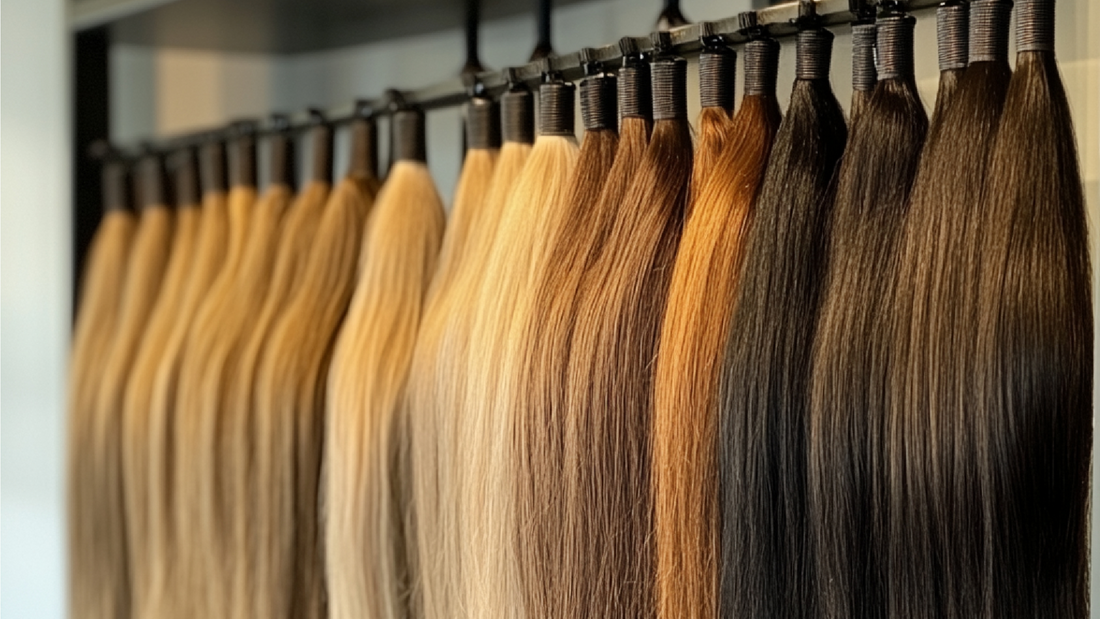 Row of straight human hair bundles hanging on a rack in shades from blonde to dark brown — types of hair bundles for sew in