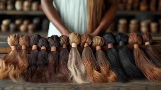 Multiple raw hair bundles in different shades on a wooden table — raw human hair bundle color and texture comparison
